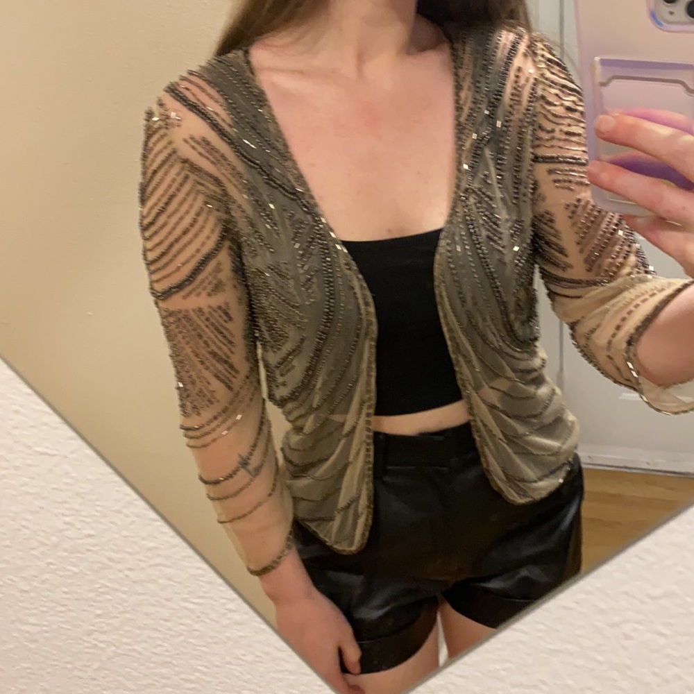 House of Harlow 1960 โข Art Deco Intricate Beaded Shawl Open Cardigan